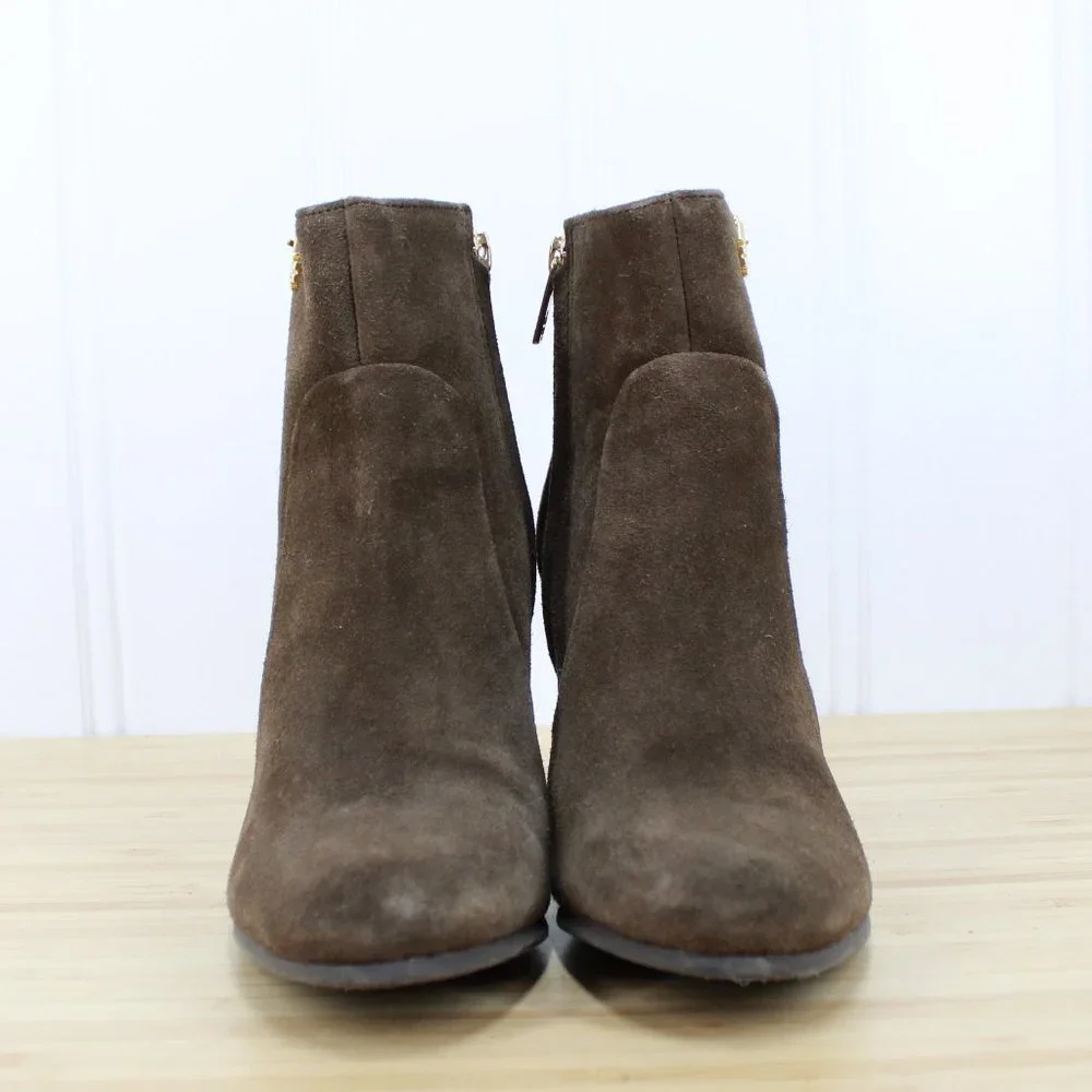 TORY BURCH Brown Suede Side Zip Ankle Stacked Heels Booties Size 7 M - Picture 4 of 9